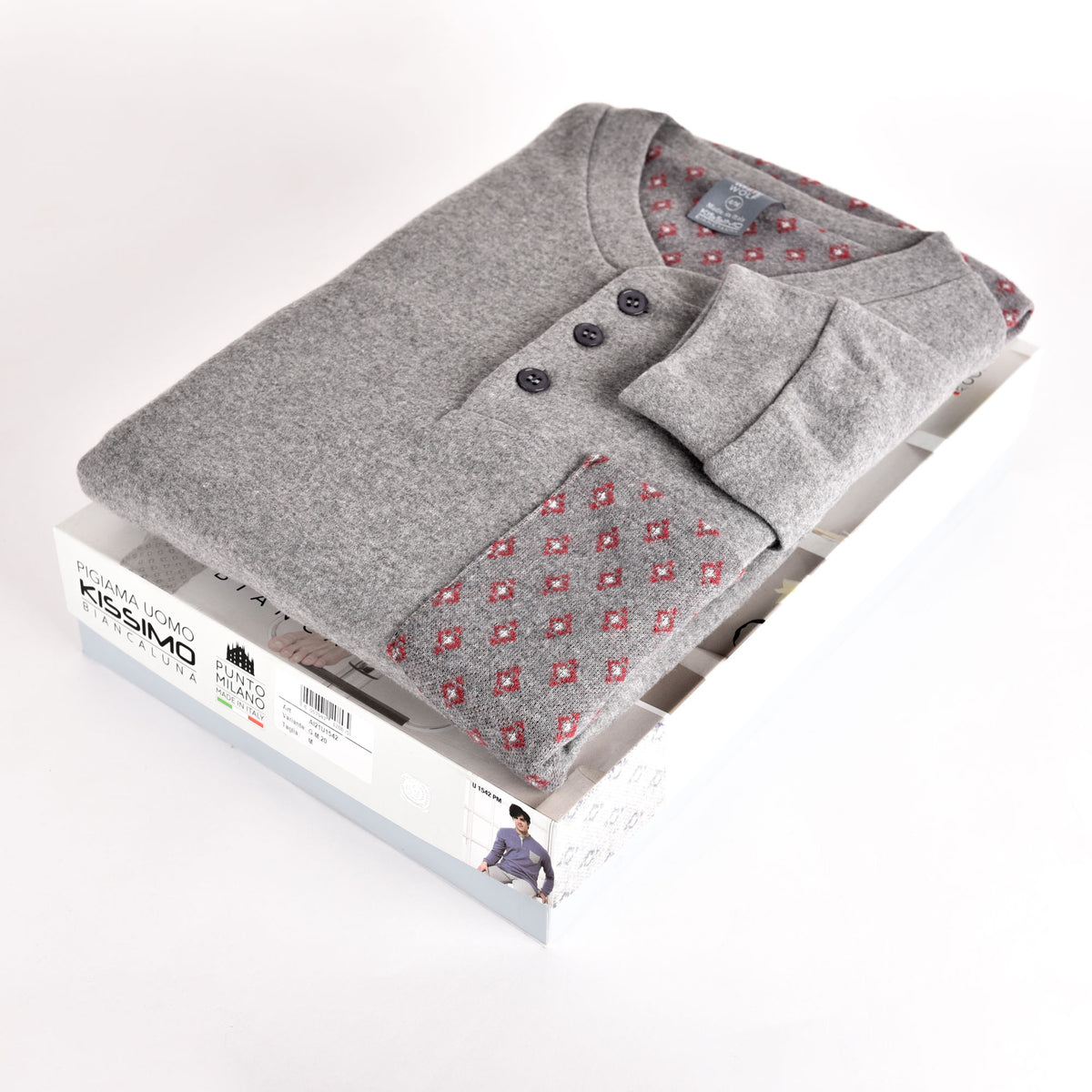 Pigiama punto milano caldo uomo a rombi grigio bordeaux Biancaluna 1542