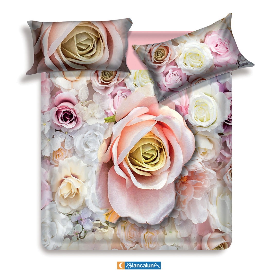 Copripiumino letto matrimoniale Biancaluna set copripiumino + due federe rose Antiga