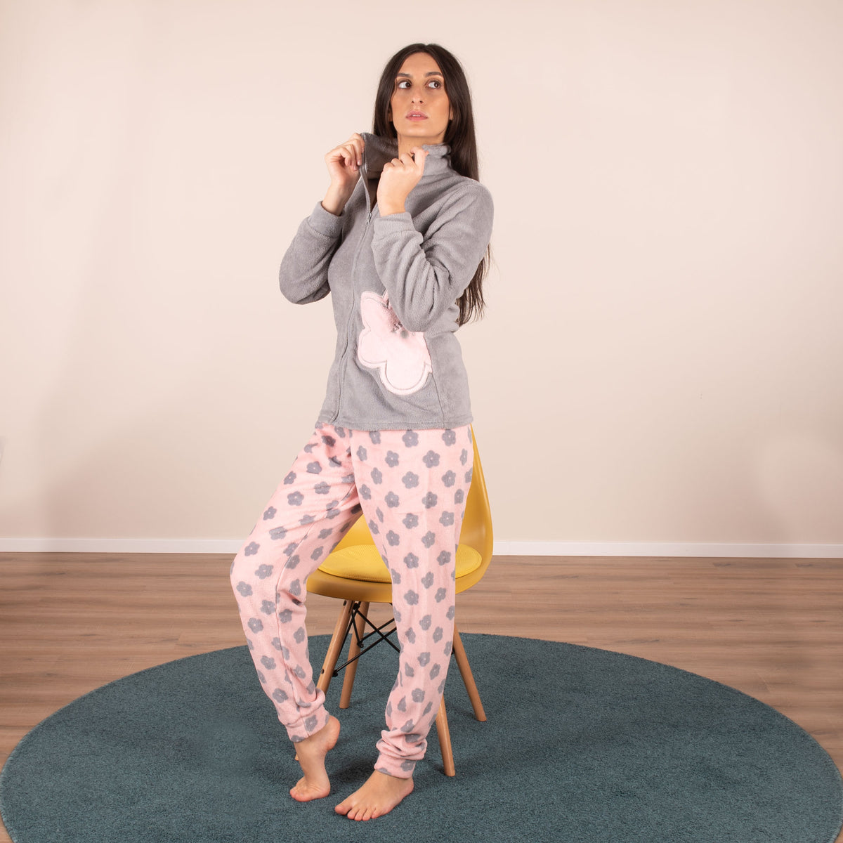 Pigiama donna giacca con zip in coral Biancaluna 33004 rosa grigio