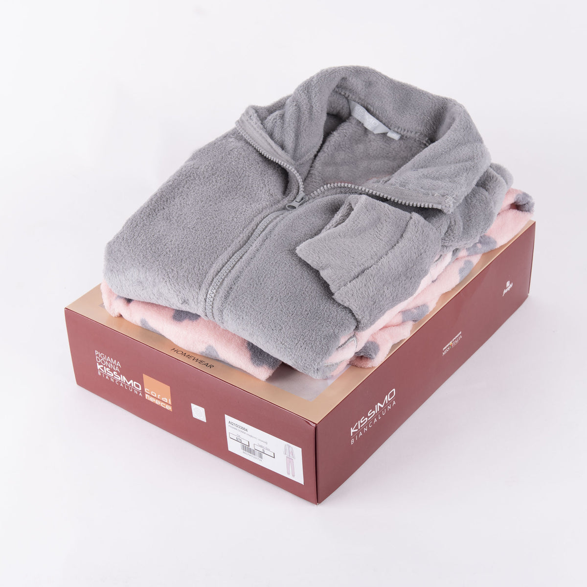 Pigiama donna giacca con zip in coral Biancaluna 33004 rosa grigio