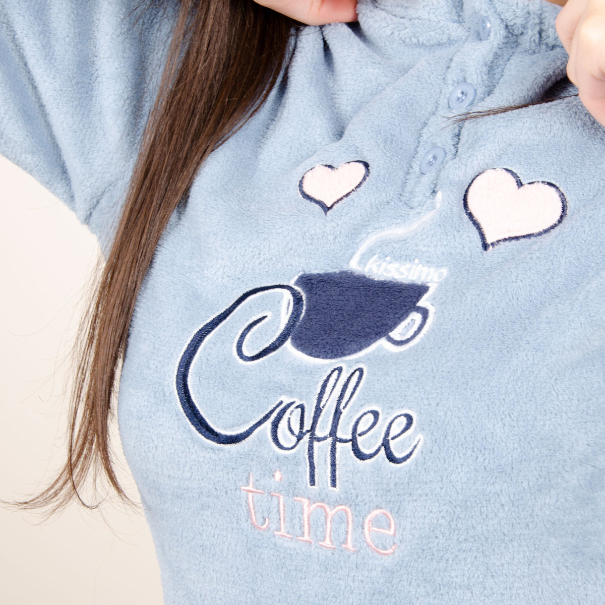 Pigiama donna in coral Biancaluna 33005 celeste blu coffee time