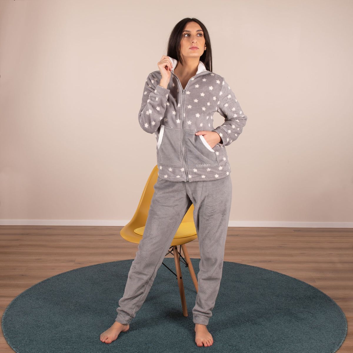 Pigiama donna giacca con zip in coral Biancaluna 33007 stelle grigio