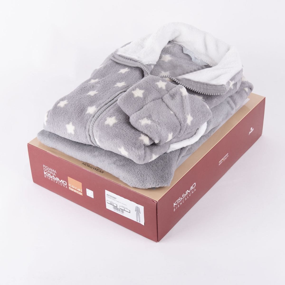 Pigiama donna giacca con zip in coral Biancaluna 33007 stelle grigio