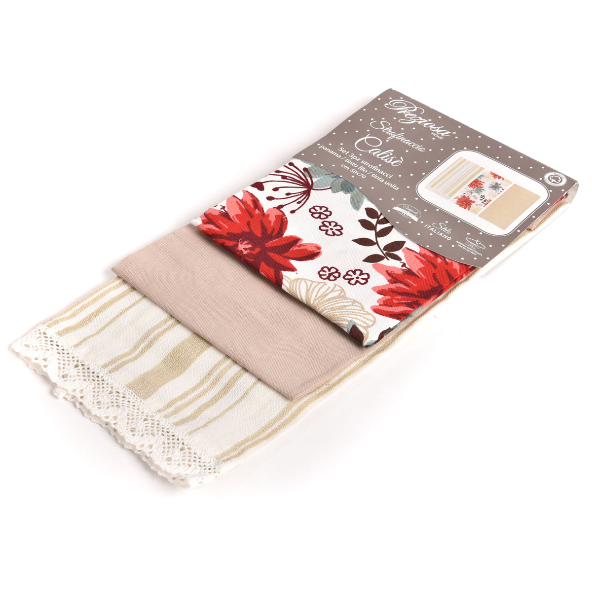 Set da 3 strofinacci Preziosa Calisè W01 B fiori beige cotone