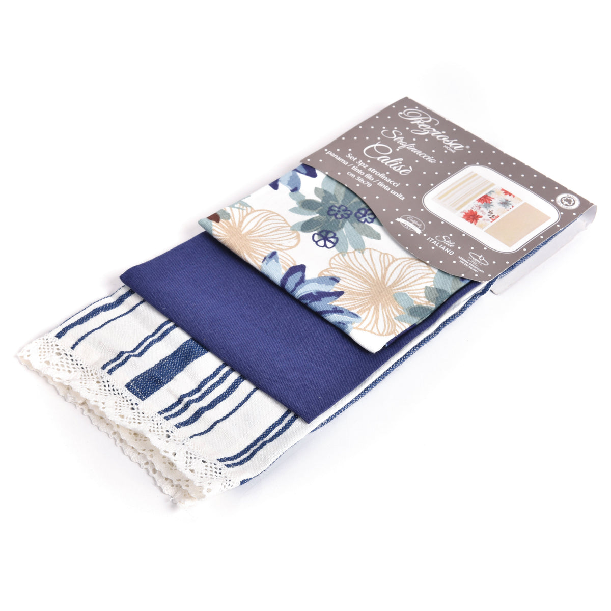 Set da 3 strofinacci Preziosa Calisè W01 B fiori blu cotone