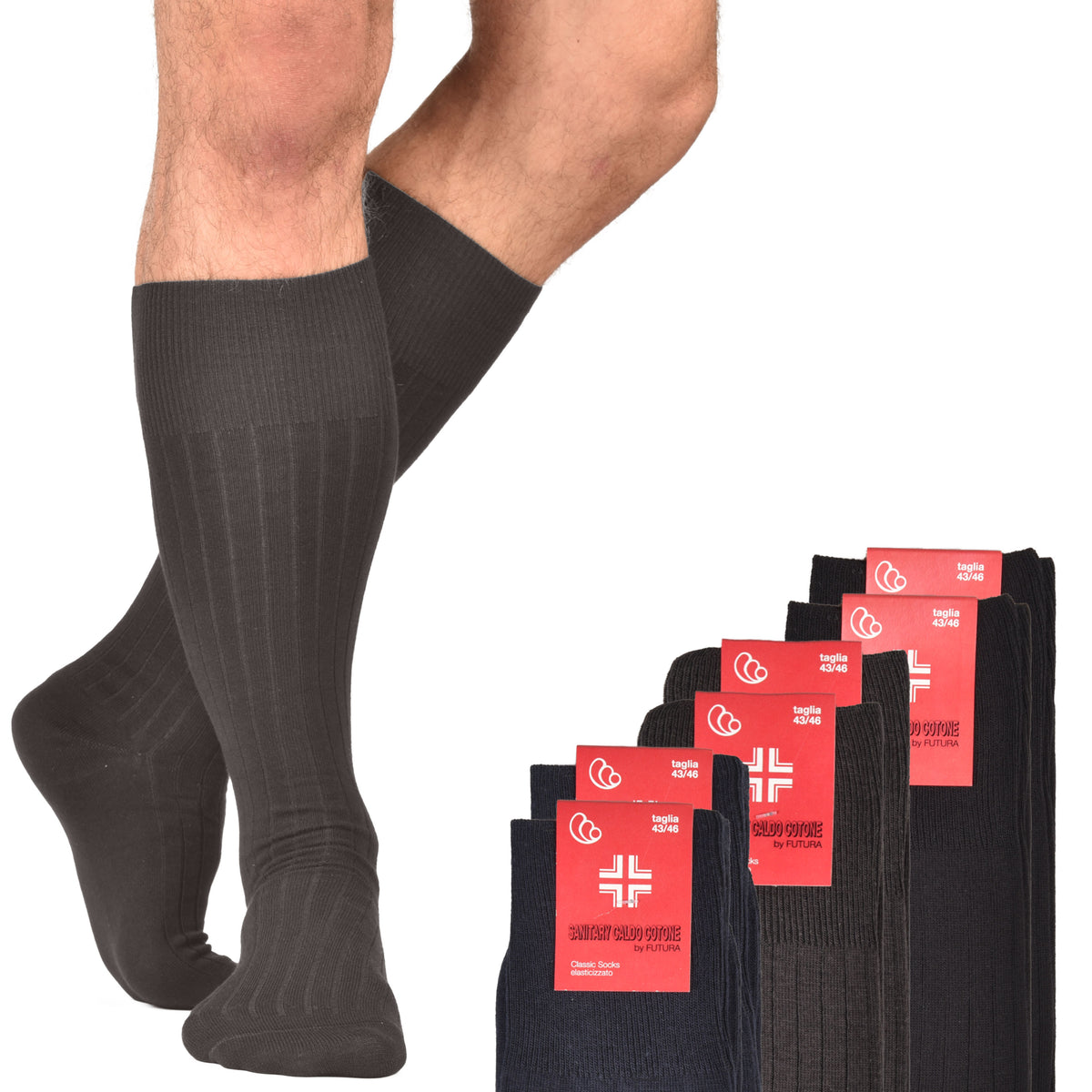 Calze uomo sanitarie lunghe coste caldo cotone Futura 6 paia
