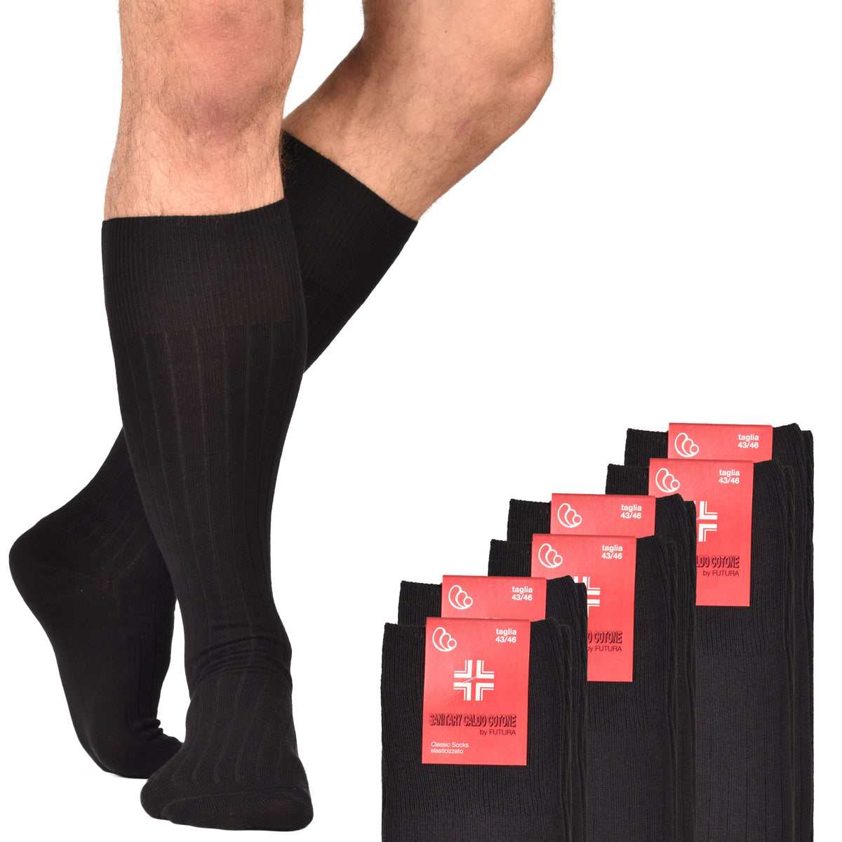 Calze uomo sanitarie lunghe coste caldo cotone Futura 6 paia