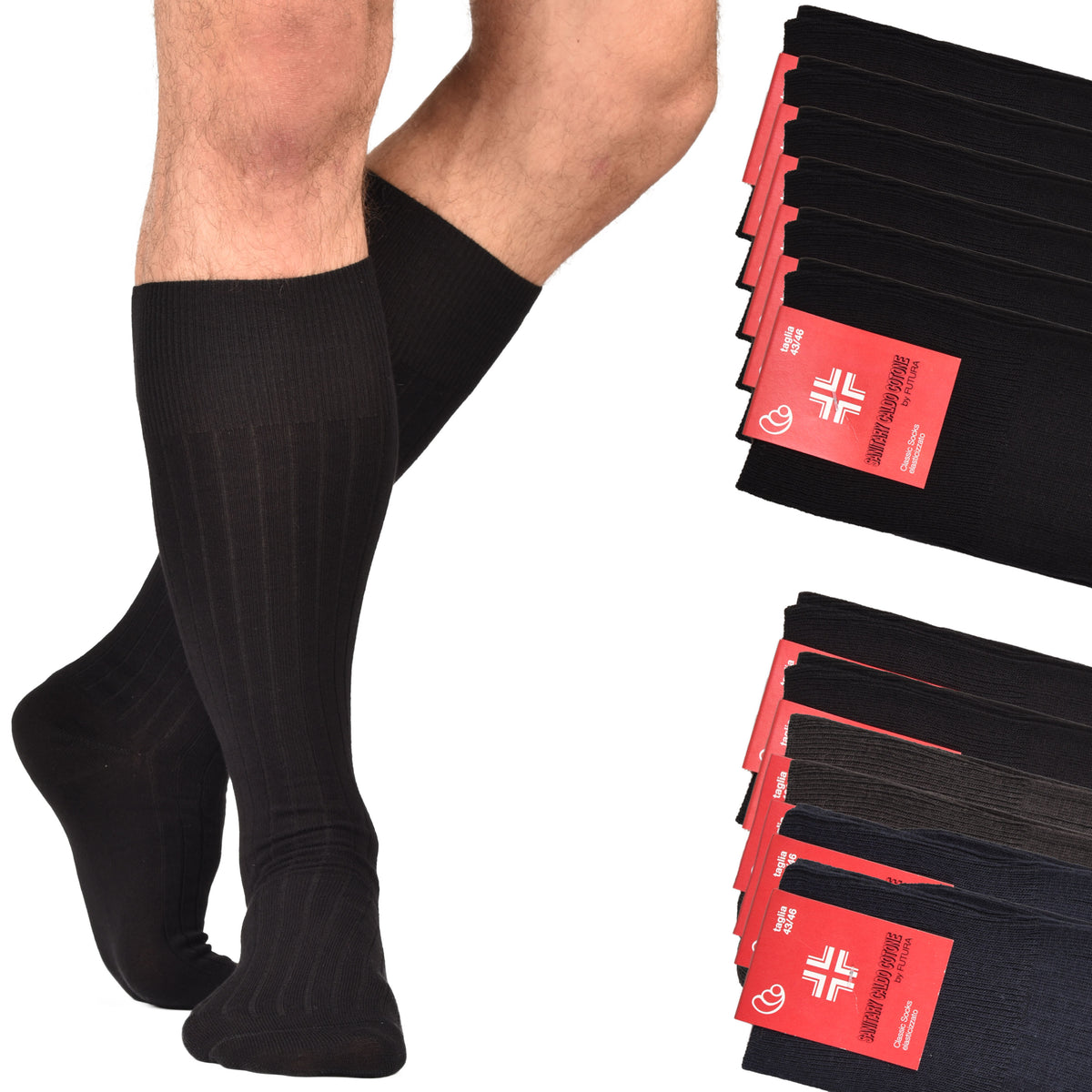 Calze uomo sanitarie lunghe coste caldo cotone Futura 6 paia