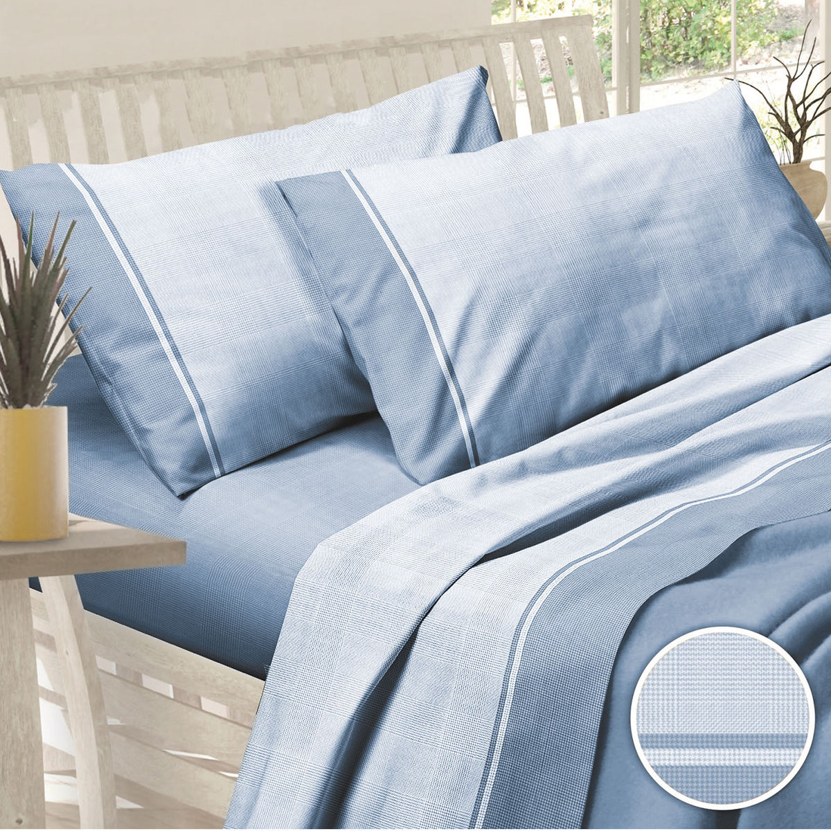 Lenzuola cotone pied poule Sommaruga Carezza D1 celeste