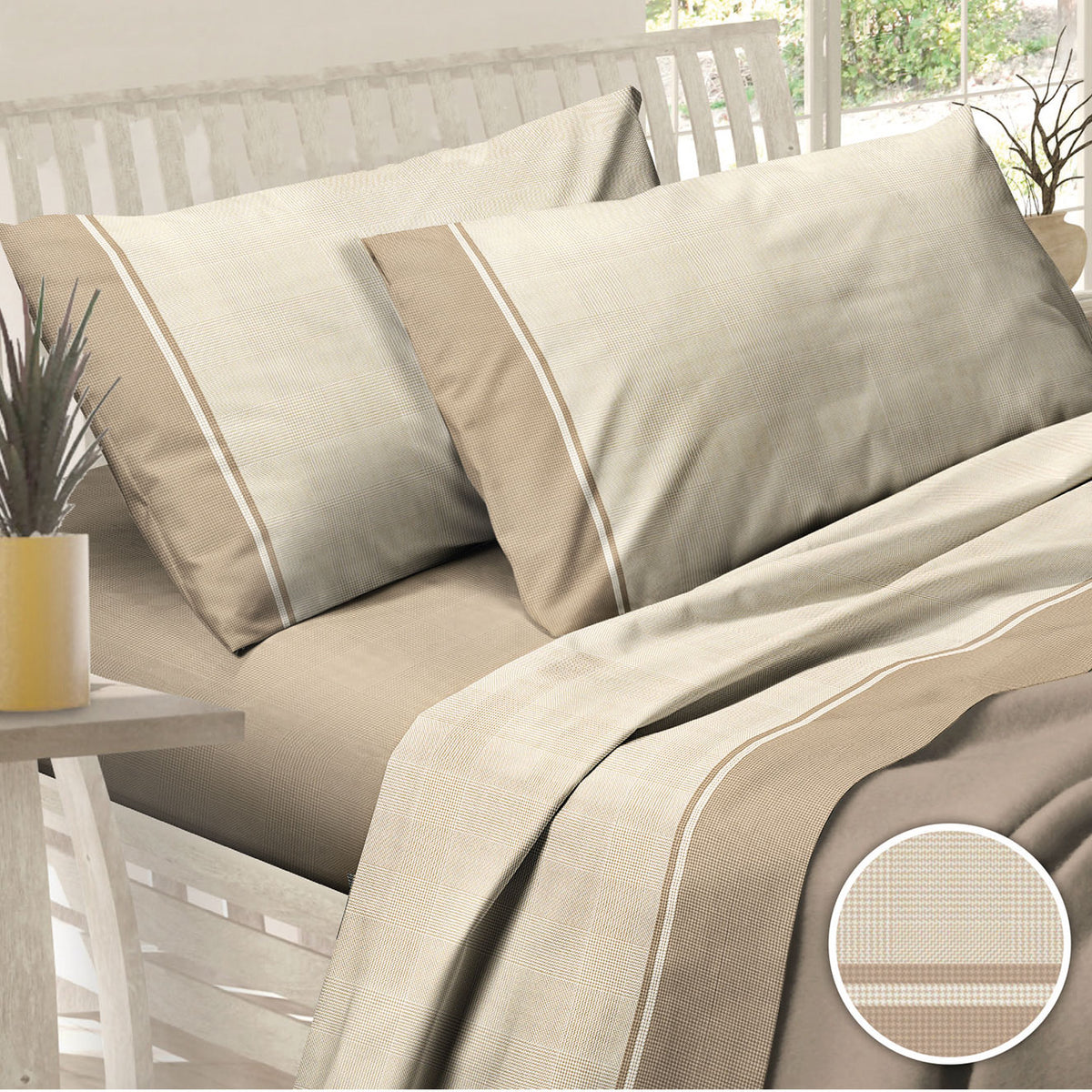 Lenzuola cotone pied poule beige Sommaruga Carezza D1