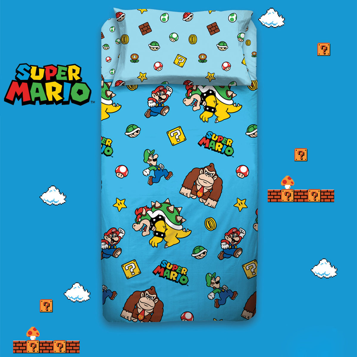 Completo letto singolo federa + sotto con angoli + lenzuolo Super Mario