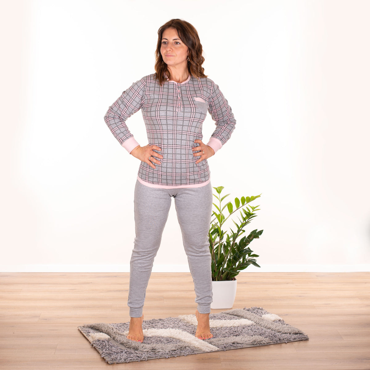 Pigiama donna caldo cotone con polsini Cippi 2160 grigio rosa