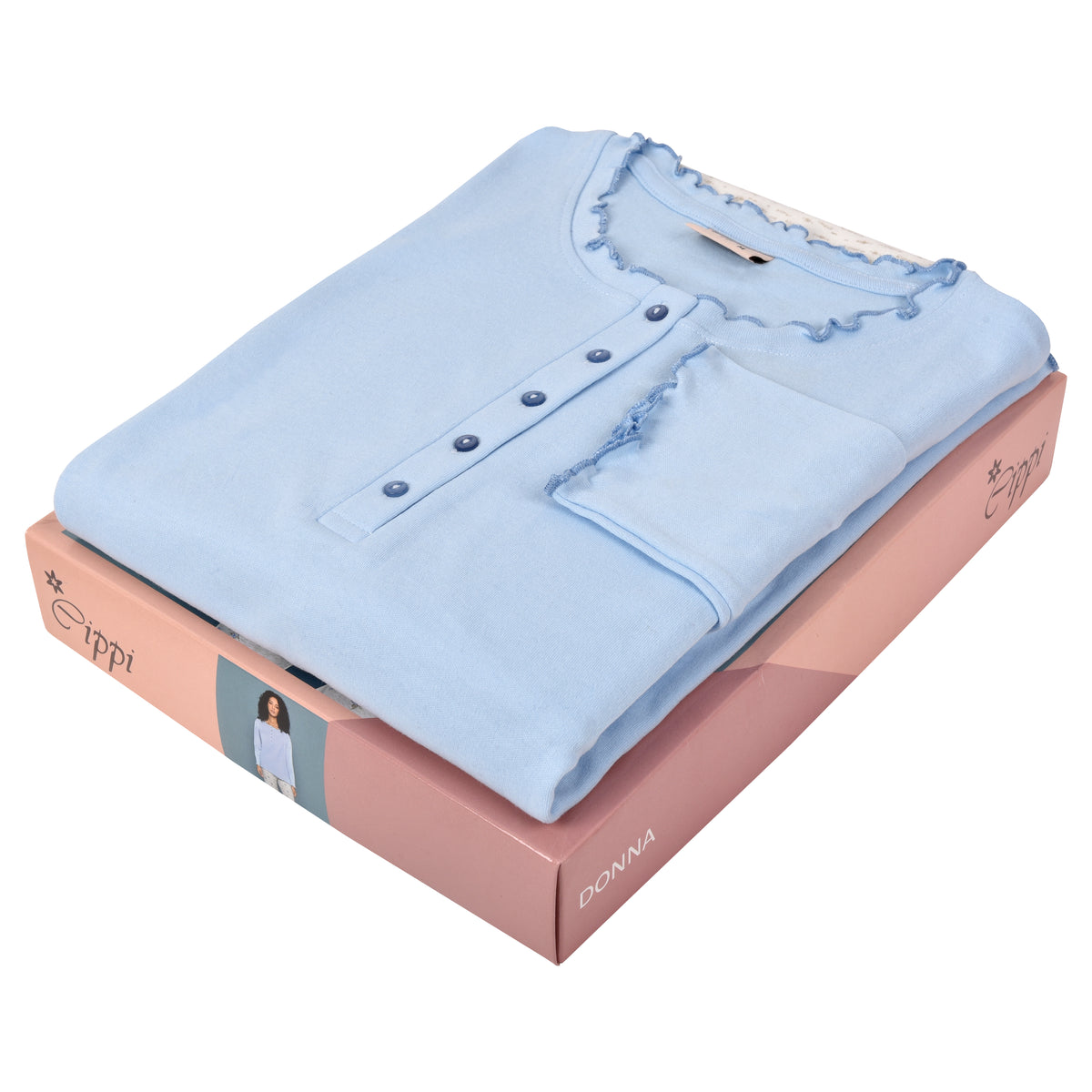 Pigiama donna invernale Cippi 2222 caldo cotone celeste fiori