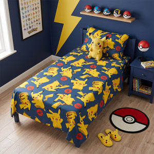 Completo letto singolo federa + sotto con angoli + lenzuolo Pokémon Pikachu