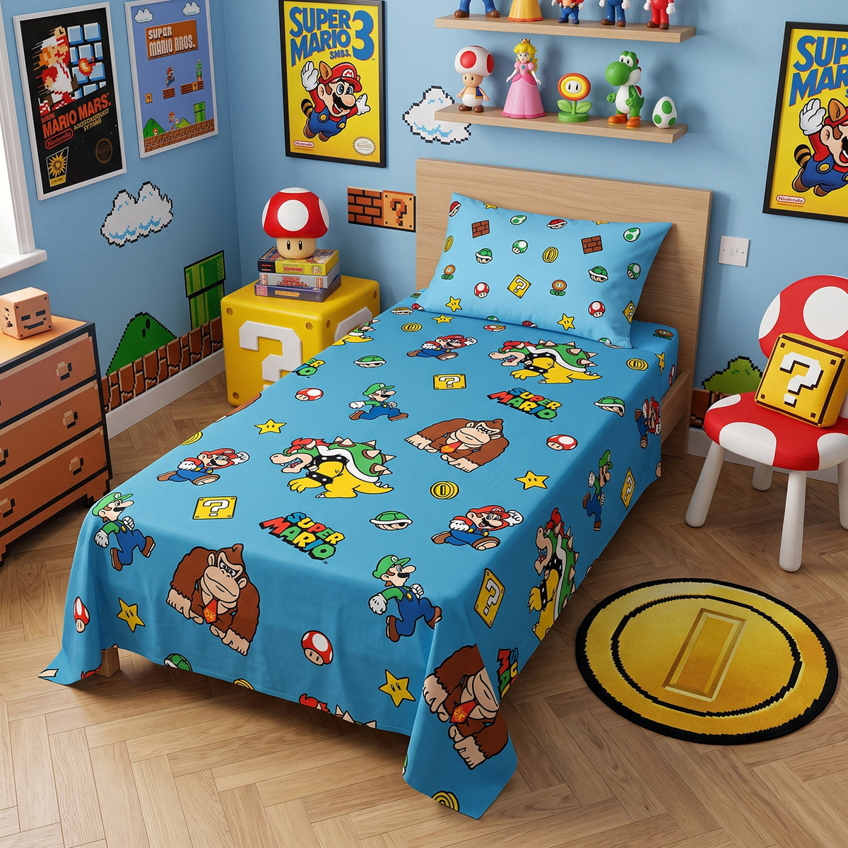 Completo letto singolo federa + sotto con angoli + lenzuolo Super Mario