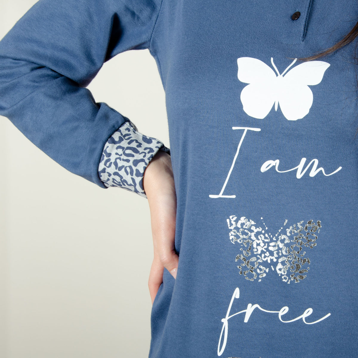 Camicia da notte Cotonella abito da notte caldo cotone DDC52 blue jeans farfalla