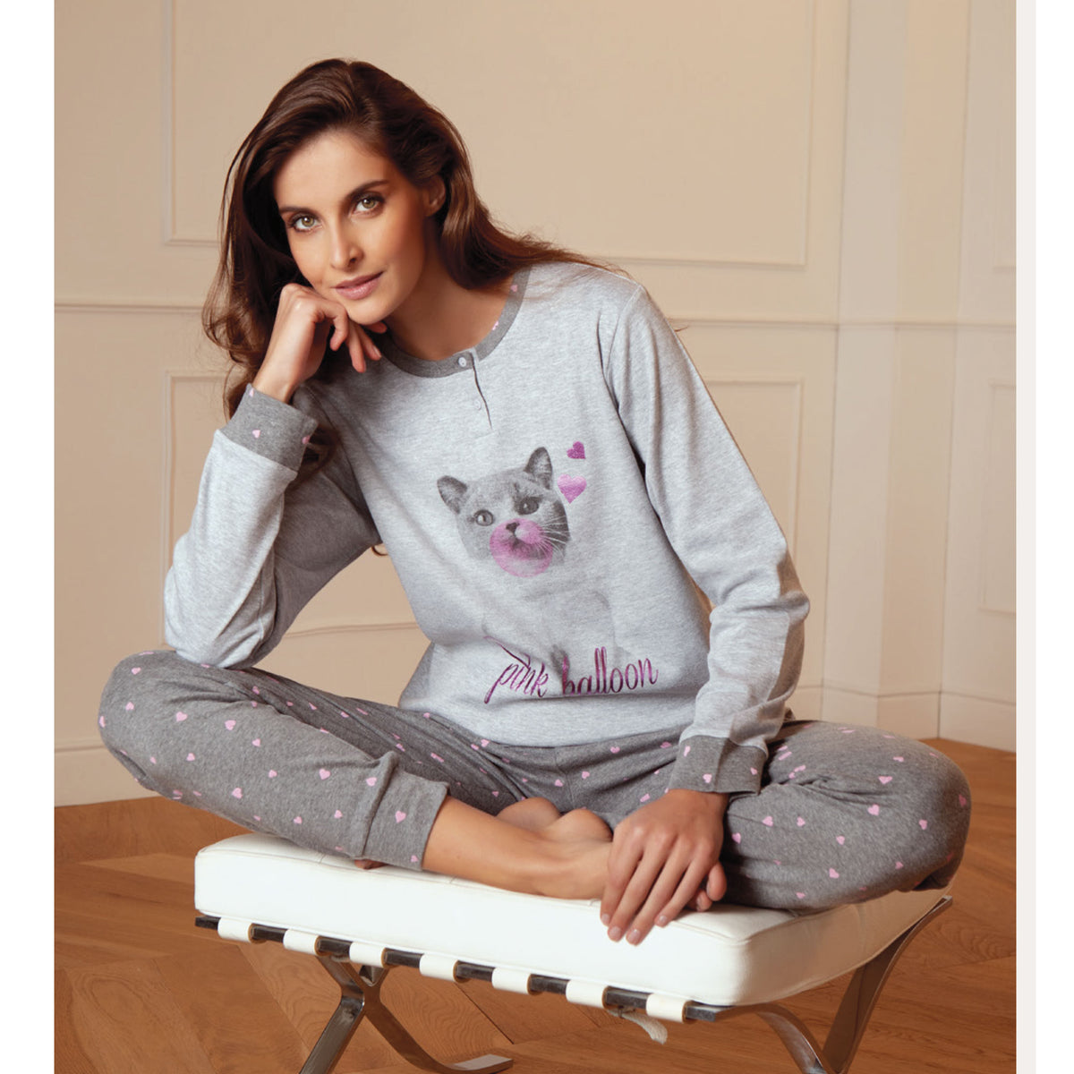 Pigiama donna Cotonella gatto cuori caldo cotone DDC45 grigio