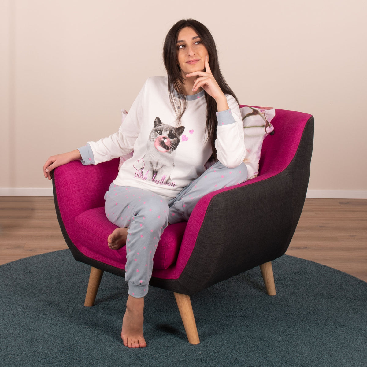 Pigiama donna Cotonella gatto cuori caldo cotone DDC45 panna