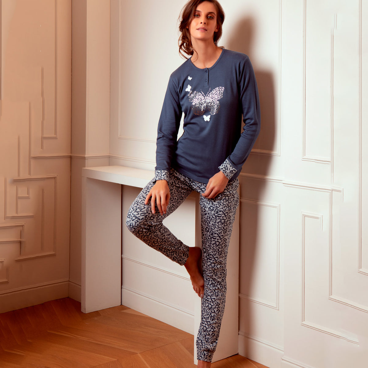 Pigiama donna cotonella caldo cotone manica lunga DDC51 blue jeans farfalle