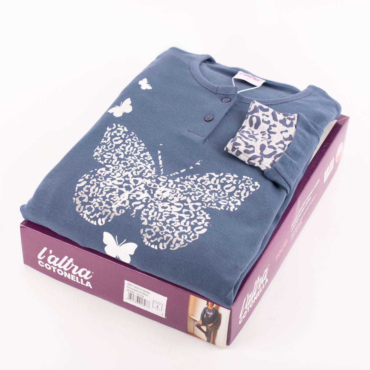 Pigiama donna cotonella caldo cotone manica lunga DDC51 blue jeans farfalle