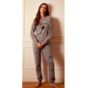 Pigiama donna caldo cotone Cotonella stelle DDC37 grigio scuro