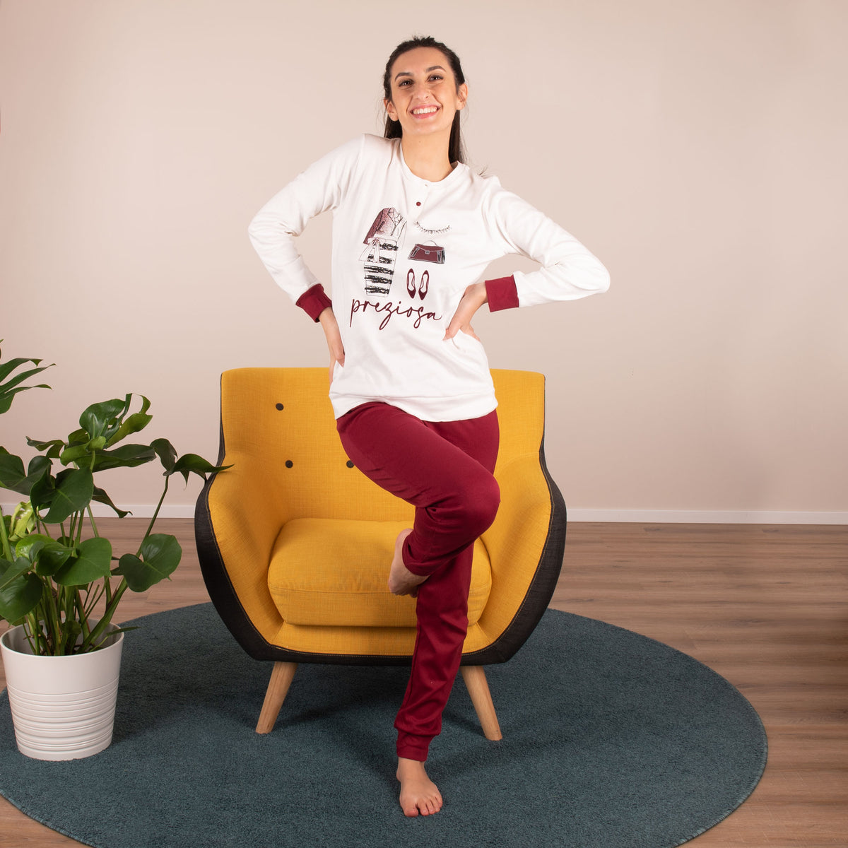 Pigiama donna caldo cotone Cotonella strass DDC41 bordeaux