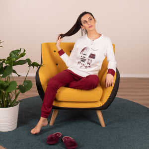 Pigiama donna caldo cotone Cotonella strass DDC41 bordeaux