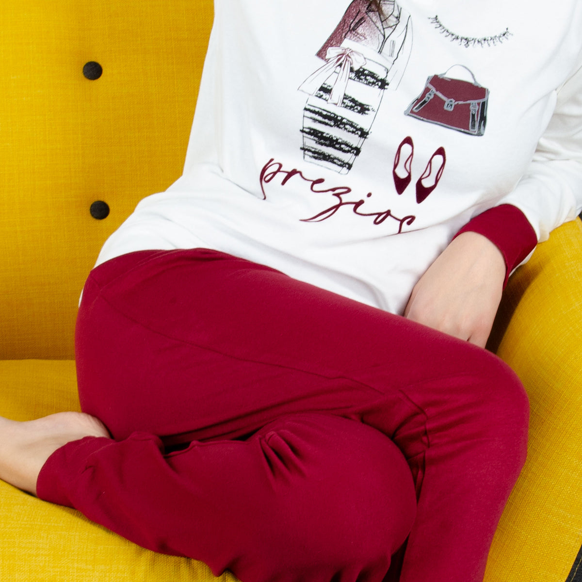 Pigiama donna caldo cotone Cotonella strass DDC41 bordeaux