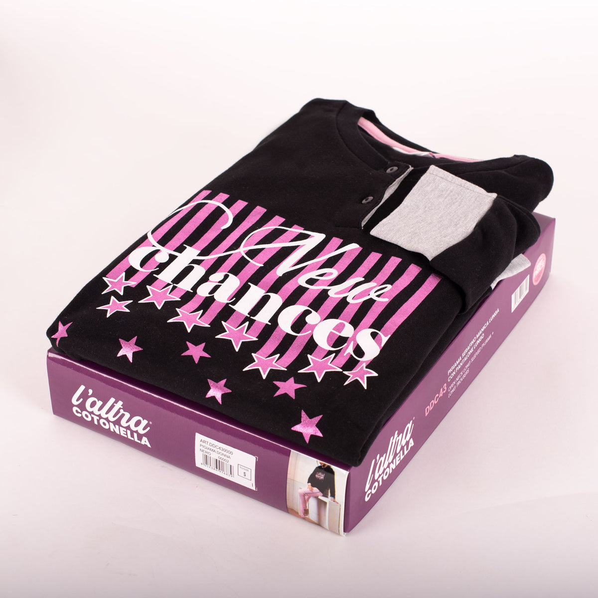 Pigiama donna caldo cotone Cotonella DDC43 nero rosa metallizato