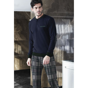 Pigiama uomo invernale Enrico Coveri EP2060 blu caldo cotone scozzese