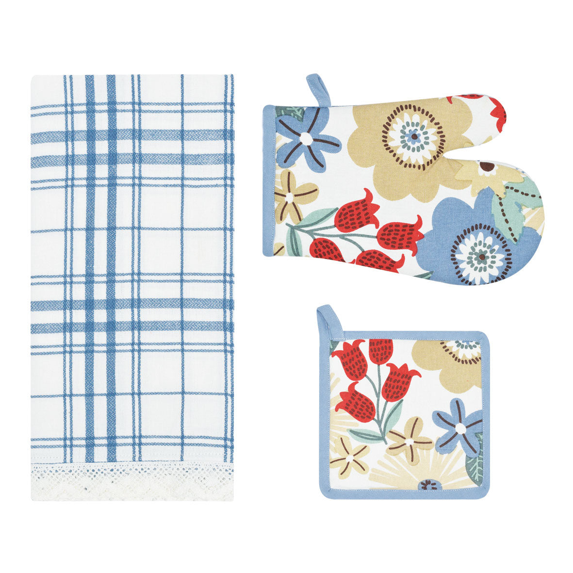 Set di guanto + strofinaccio + presina Preziosa Calisè W01 D celeste