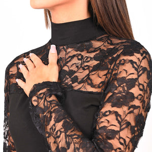 Maglia Rossoporpora DB723 a lupetto in pizzo e cotone nera
