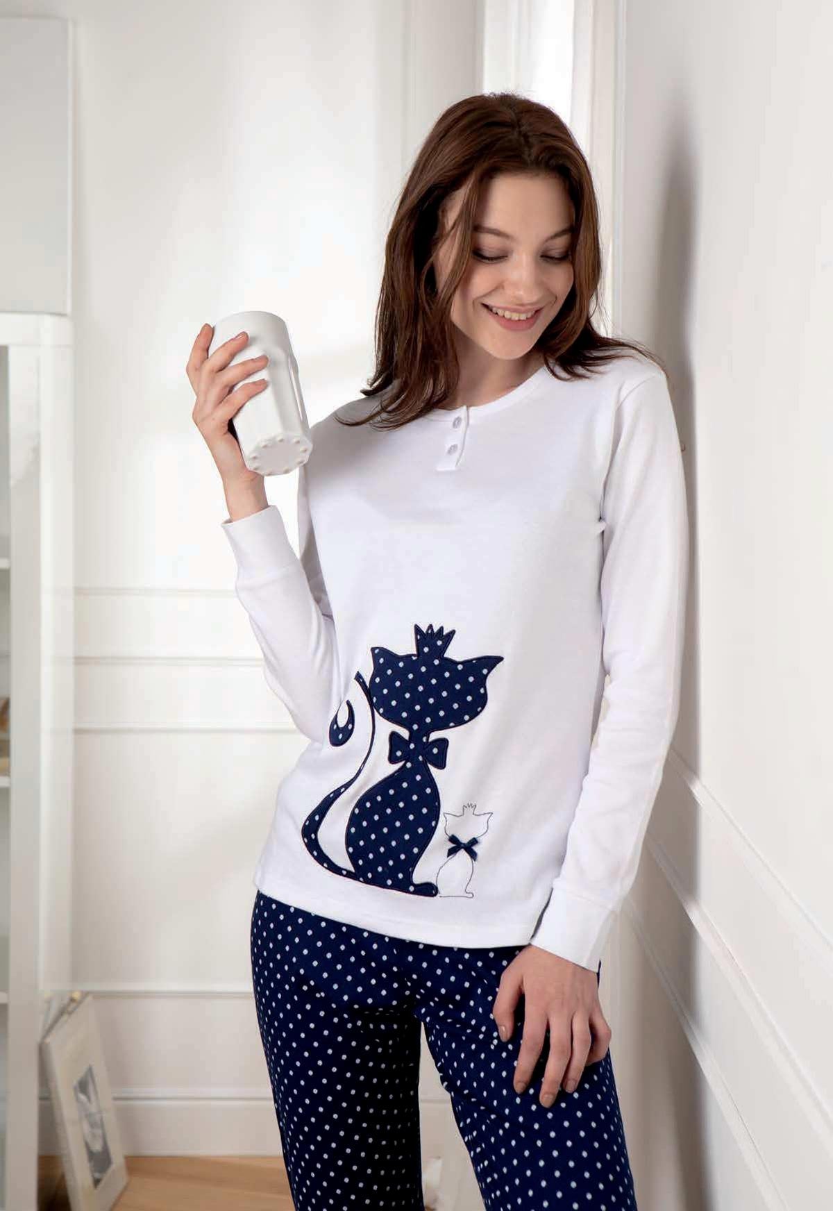 Pigiama donna Cotonella DD985 caldo cotone gattina pois