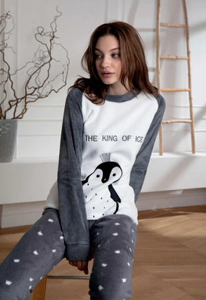Pigiama donna Cotonella DDA15 caldo pile coral pinguino