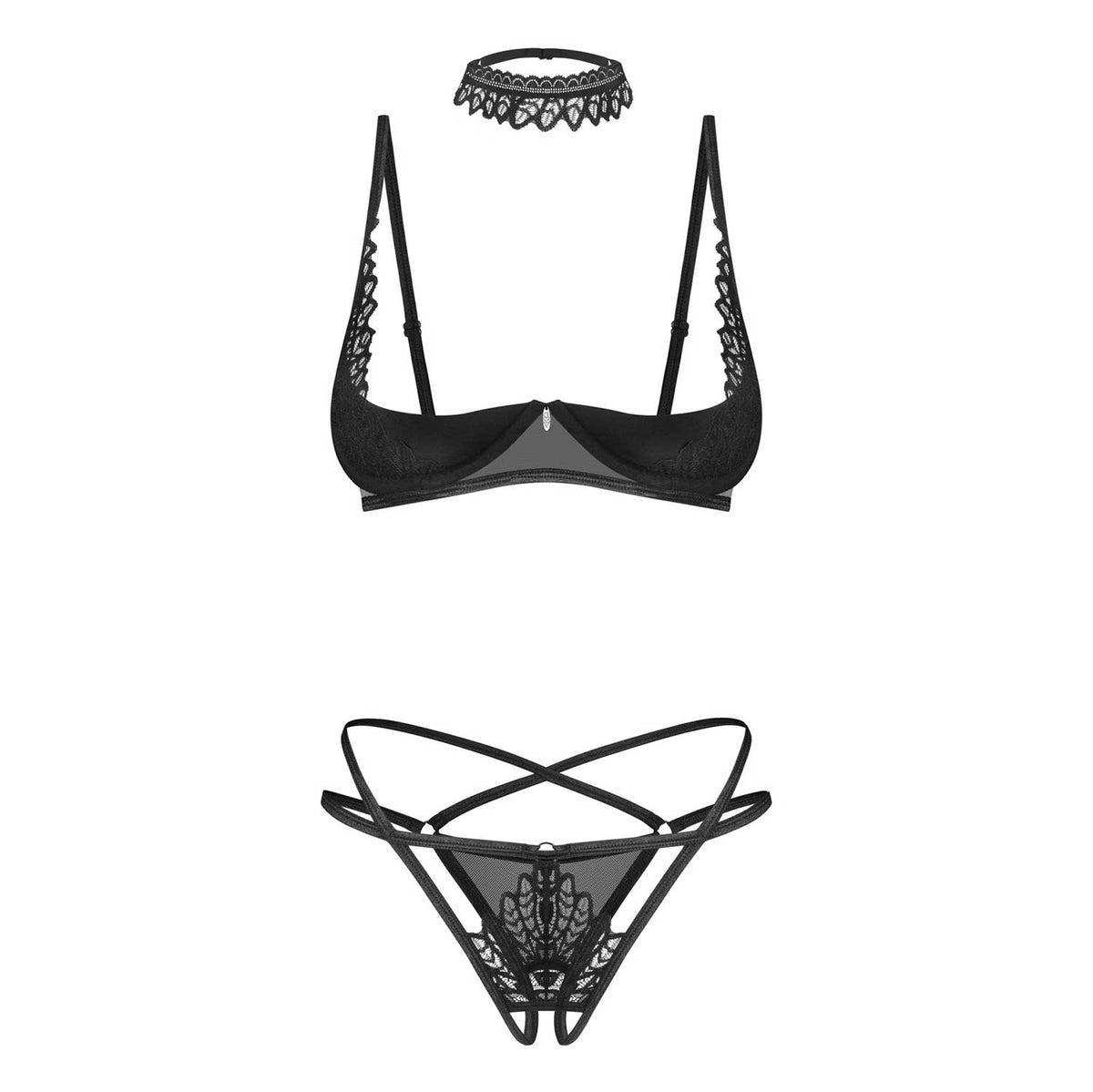 Set sexy 3 pezzi con reggiseno a mezza coppa, perizoma cavallo aperto e choker Donarella Obsessive