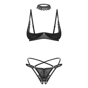 Set sexy 3 pezzi con reggiseno a mezza coppa, perizoma cavallo aperto e choker Donarella Obsessive