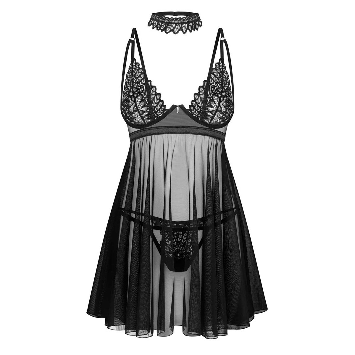 Babydoll sexy trasparente con pizzo, perizoma e choker Obsessive Donarella