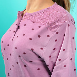 Pigiama donna invernale Karelpiù SE3400 caldo cotone pois pizzo malva