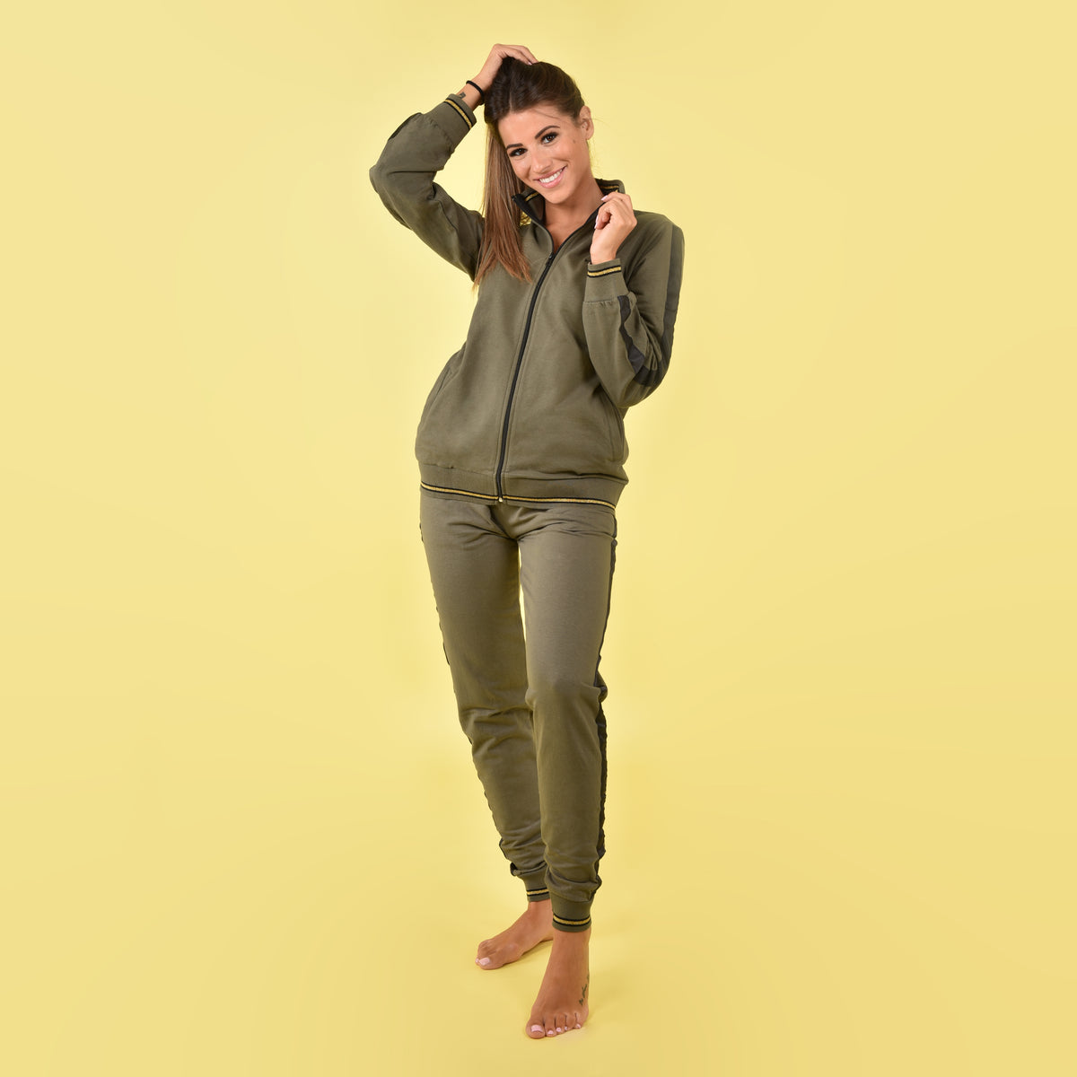 Tuta zip pigiama donna cotone felpato Biancaluna D2014 verde militare