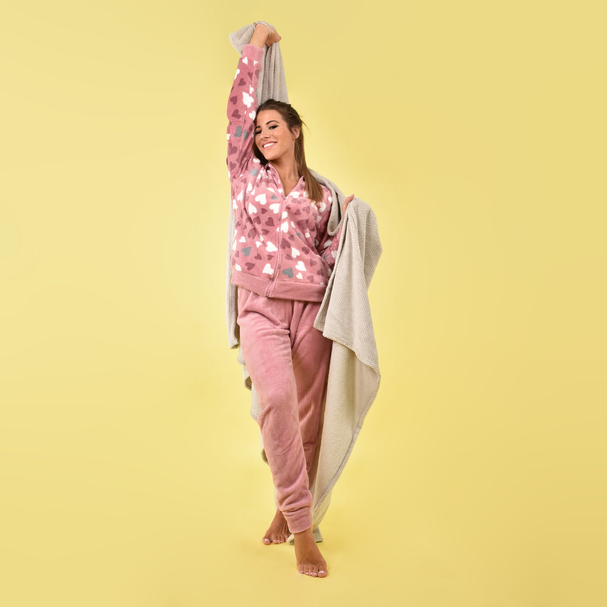 Pigiama giacca e pantalone coral caldo cuori Biancaluna 33002 rosa