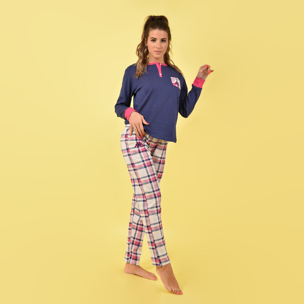 Pigiama donna Kappa invernale KWW22210 caldo cotone scacchi navy