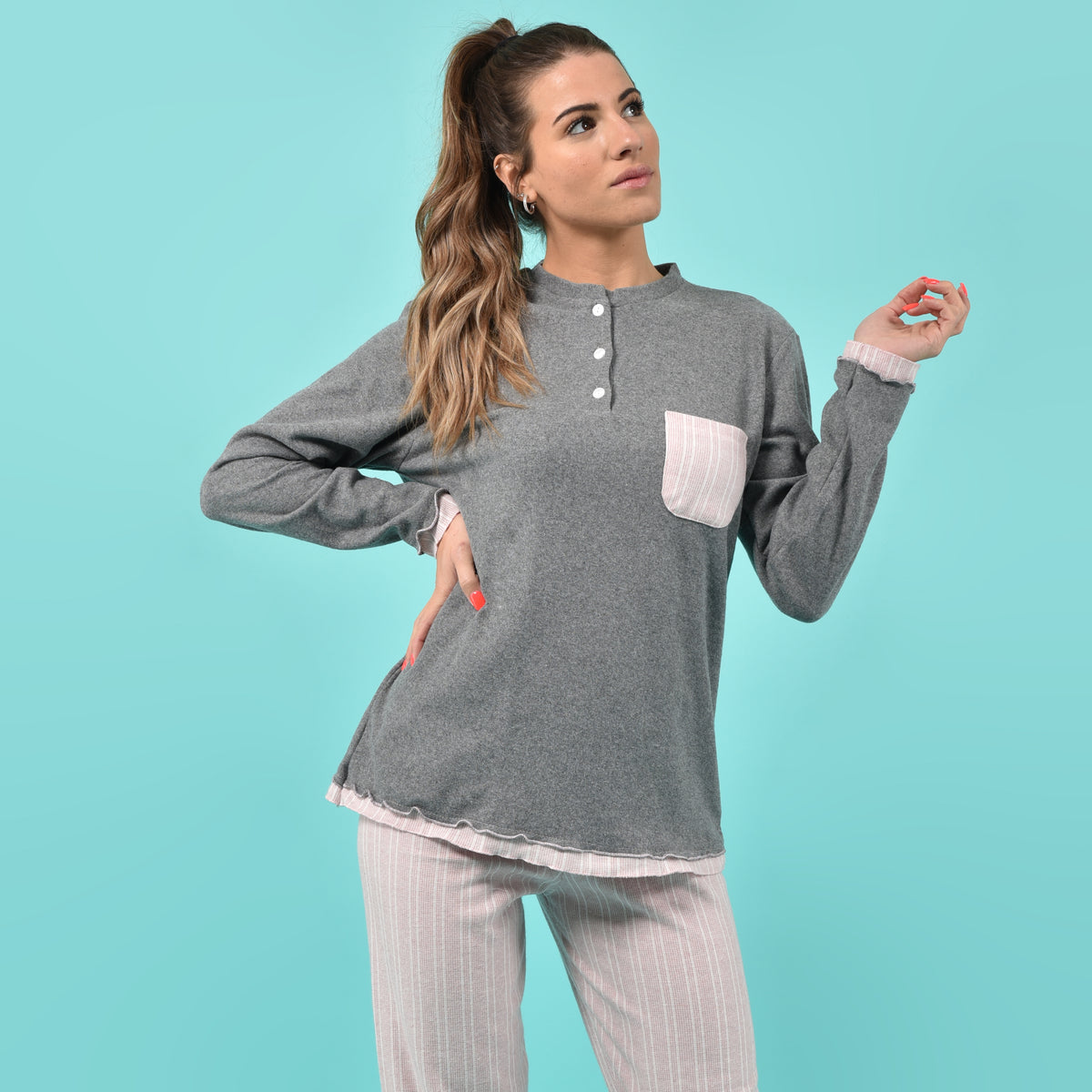 Pigiama donna invernale Karelpiù SE3432 punto milano grigio