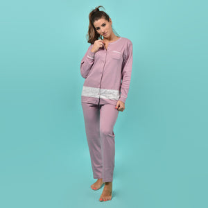 Pigiama donna invernale Karelpiù SE3414 caldo cotone malva