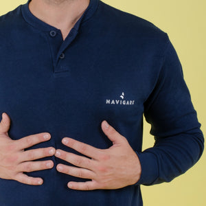 Pigiama uomo blu con polsini e bottoncini cotone leggero B2Y14589