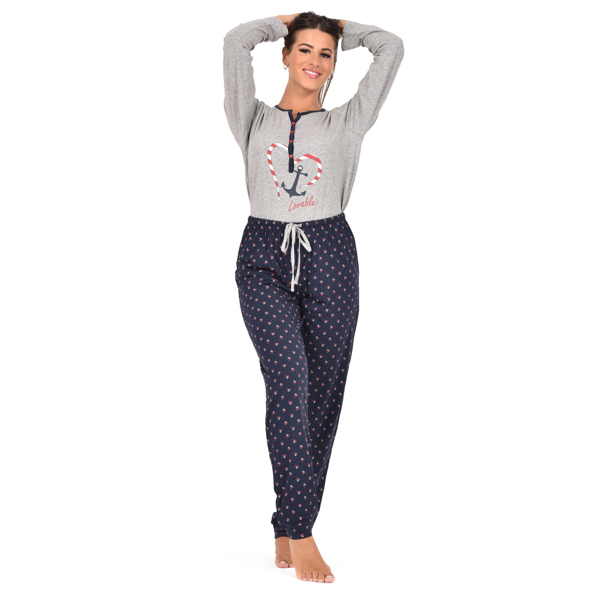 Pigiama donna Lovable L0CPT cotone ancora cuori grigio melange blu