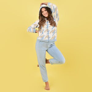 Pigiama donna aperto con zip e cappuccio coral celeste Cippi 2254