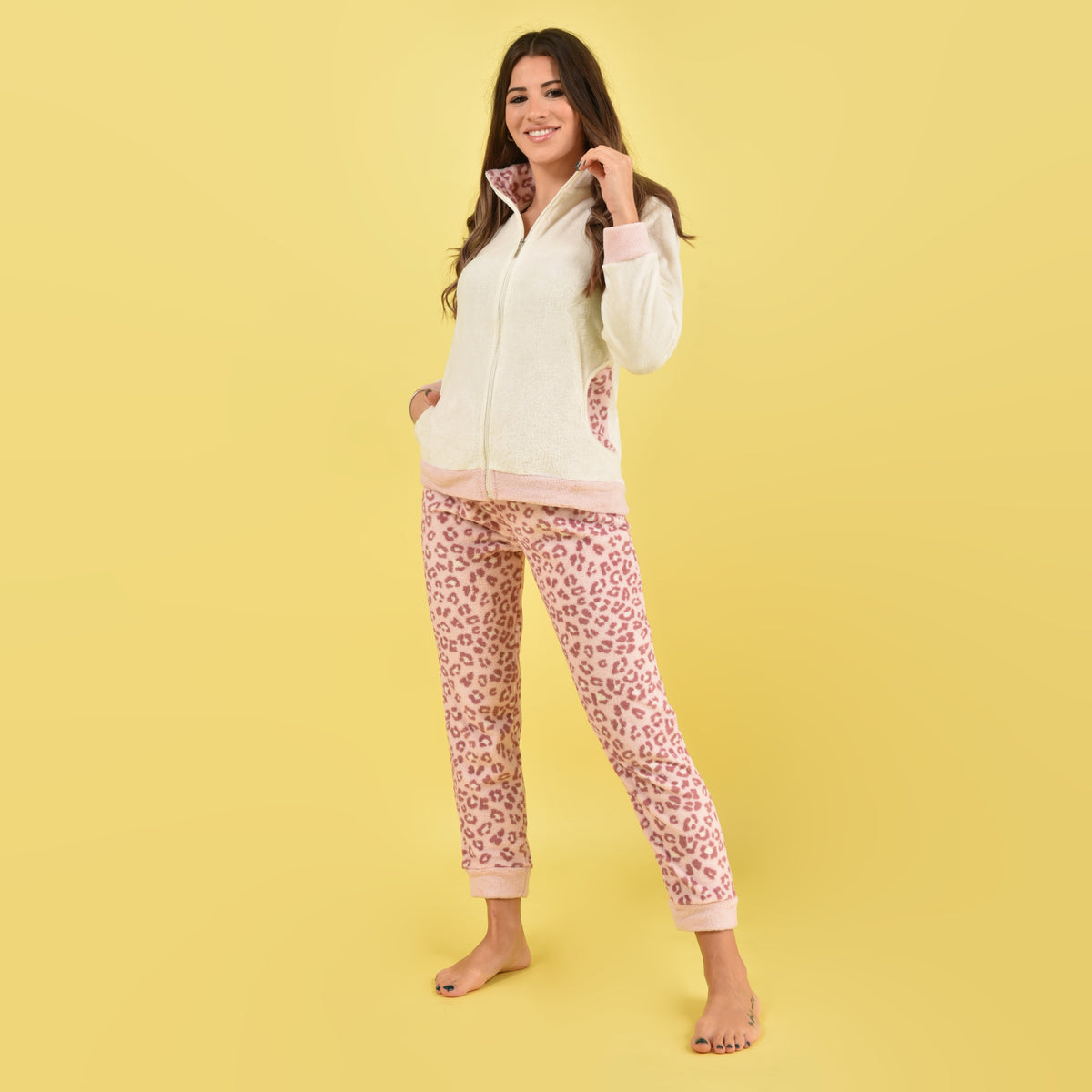 Pigiama donna aperto con zip animalier coral panna Cippi 2269
