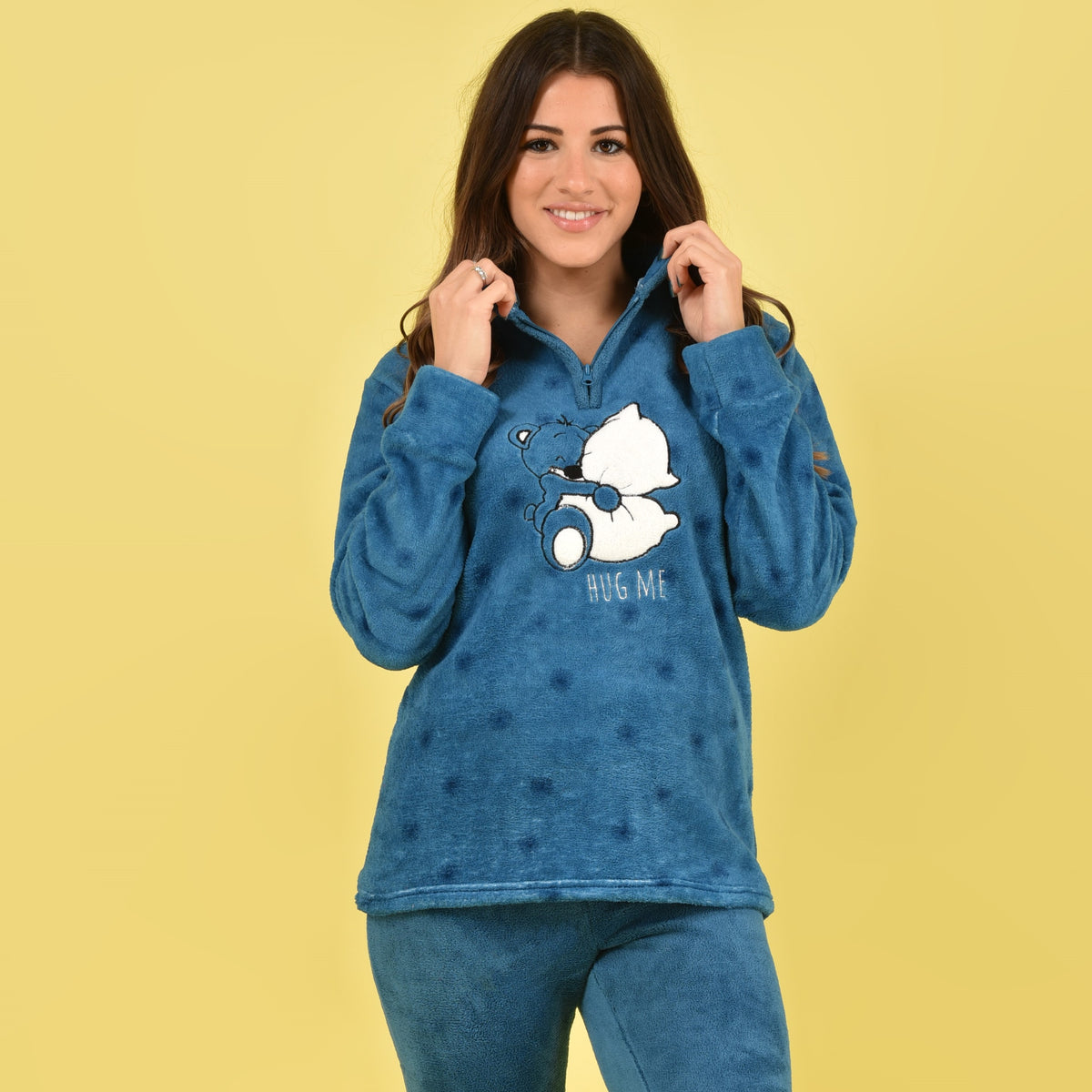 Pigiama donna invernale coral orsacchiotto fantasia quadretti azzurro Karelpiù SE3476