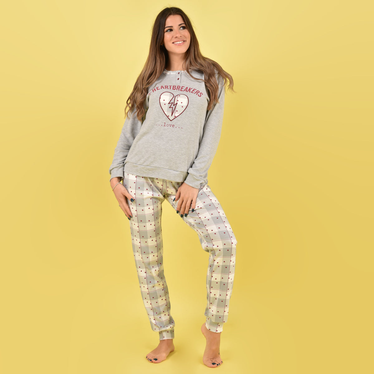 Pigiama donna Cotonella invernale DDD64 caldo cotone grigio melange