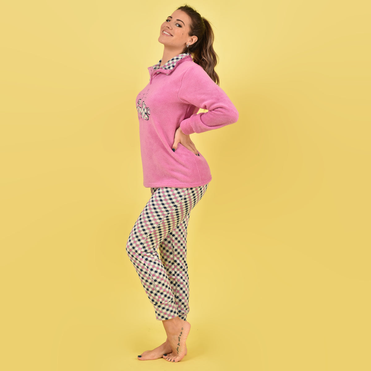 Pigiama donna invernale coral orsacchiotti fantasia quadretti rosa Karelpiù SE3474